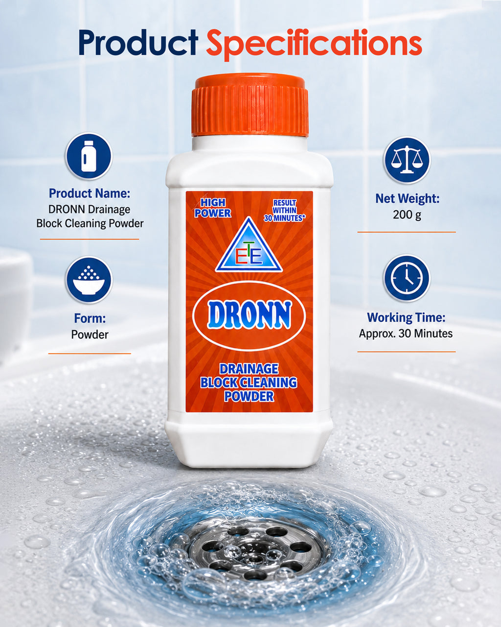 DRONN Drainage Block Cleaning Powder 200g | Removes Tough Blockages in Just 30 Minutes