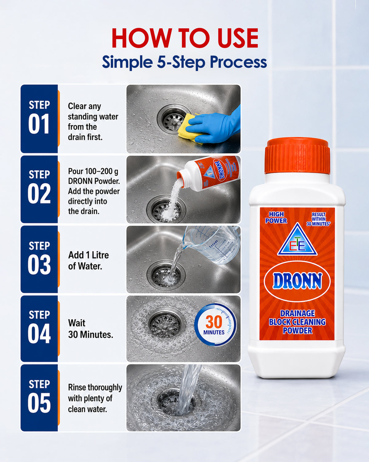 DRONN Drainage Block Cleaning Powder 200g | Removes Tough Blockages in Just 30 Minutes